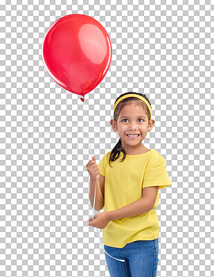 Happy girl, studio and red balloon of a an excited kid with a smile ready for a birthday party. Celebration, happiness and young child holding balloons in the air with isolated blue background