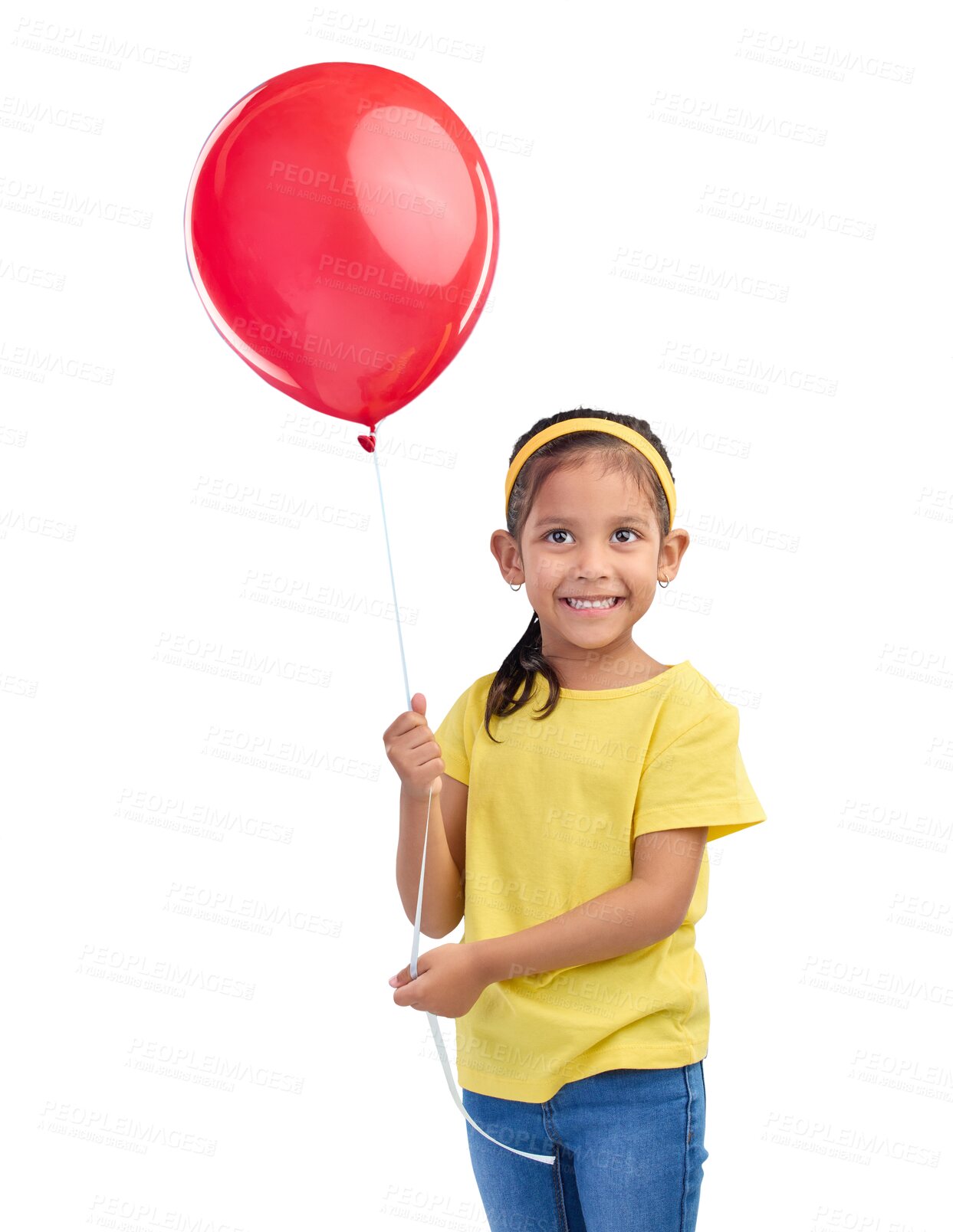 Buy stock photo Happy, girl and a red balloon for celebration of an excited kid with a smile and ready for a birthday party. Youth, playing and a young child holding toy and isolated on a transparent png background
