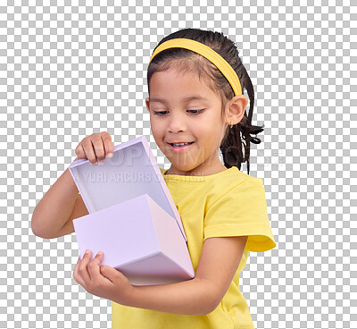 Box, surprise and child with gift in studio on blue background for present, birthday or celebration. Happiness, smile and isolated young, excited and happy girl opening package, product and parcel