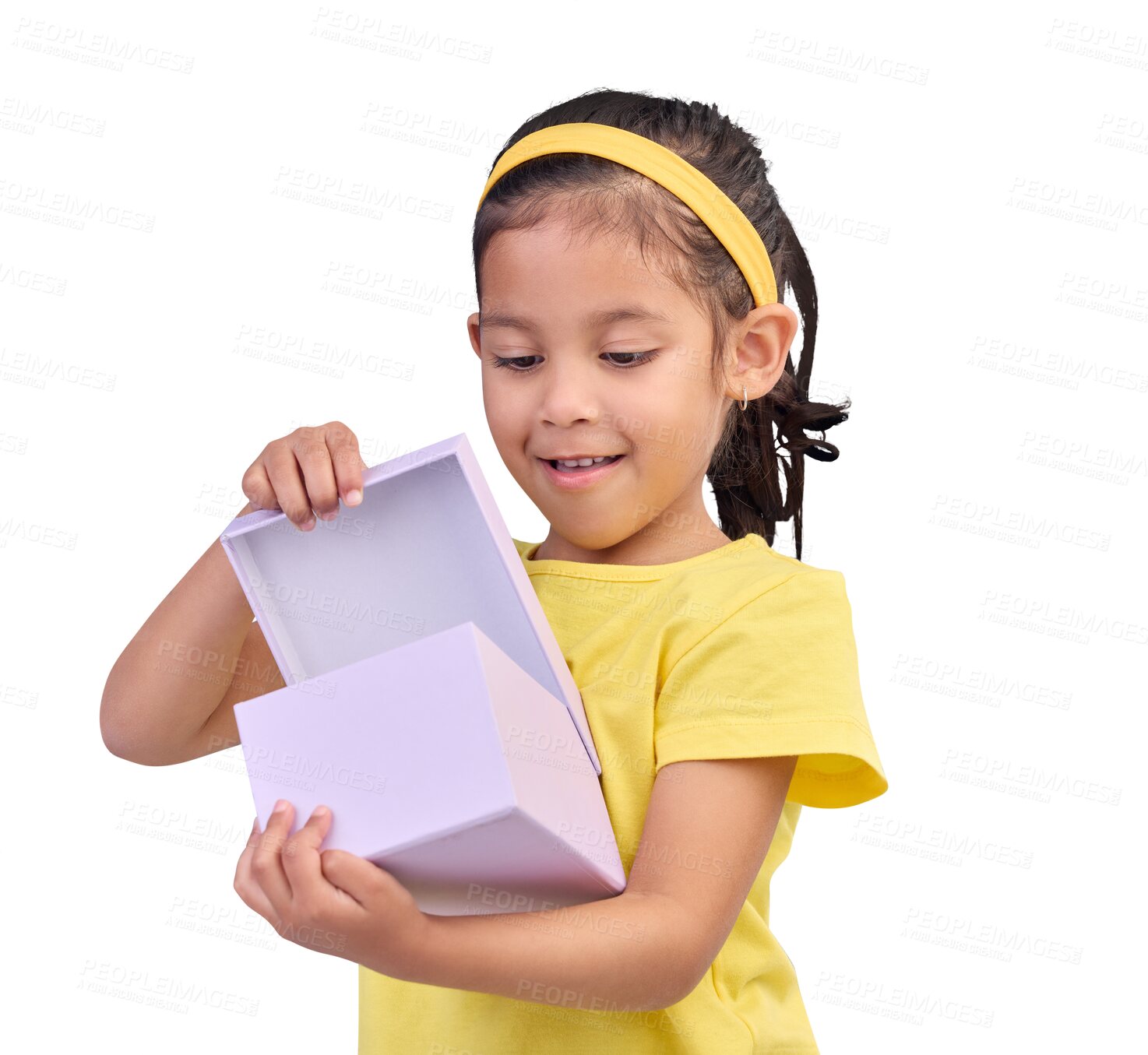 Buy stock photo Gift, child and excited to open a box to celebrate a birthday or shopping. Happiness, surprise and a happy kid with a present for a party, giveaway or product isolated on transparent, png background
