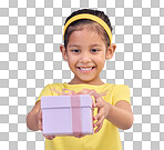 Box, present and girl with smile, excited and cheerful against a blue studio background. Female child, kid and young person with gift, package and happiness with joy, excitement and product promotion