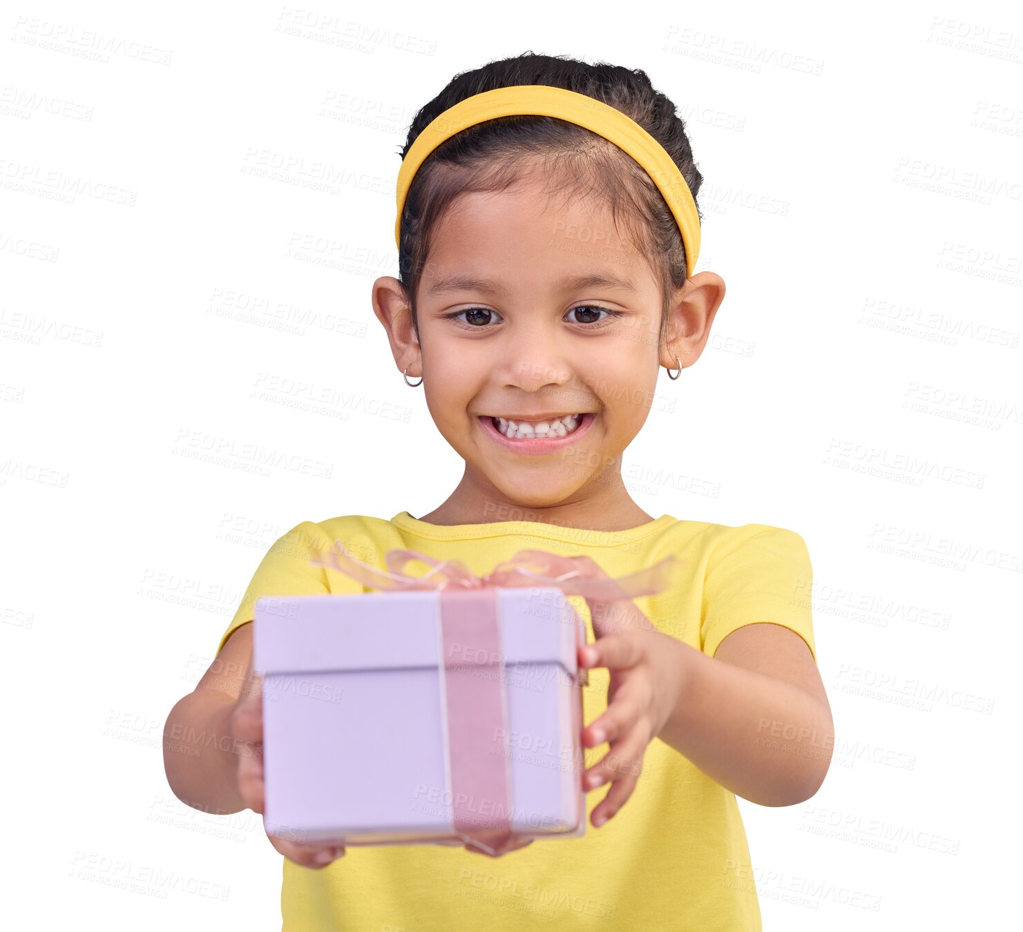 Buy stock photo Gift, smile and a child giving a box to celebrate birthday or shopping. Happiness, surprise and a happy kid with a present for party, giveaway or product isolated on transparent, png background