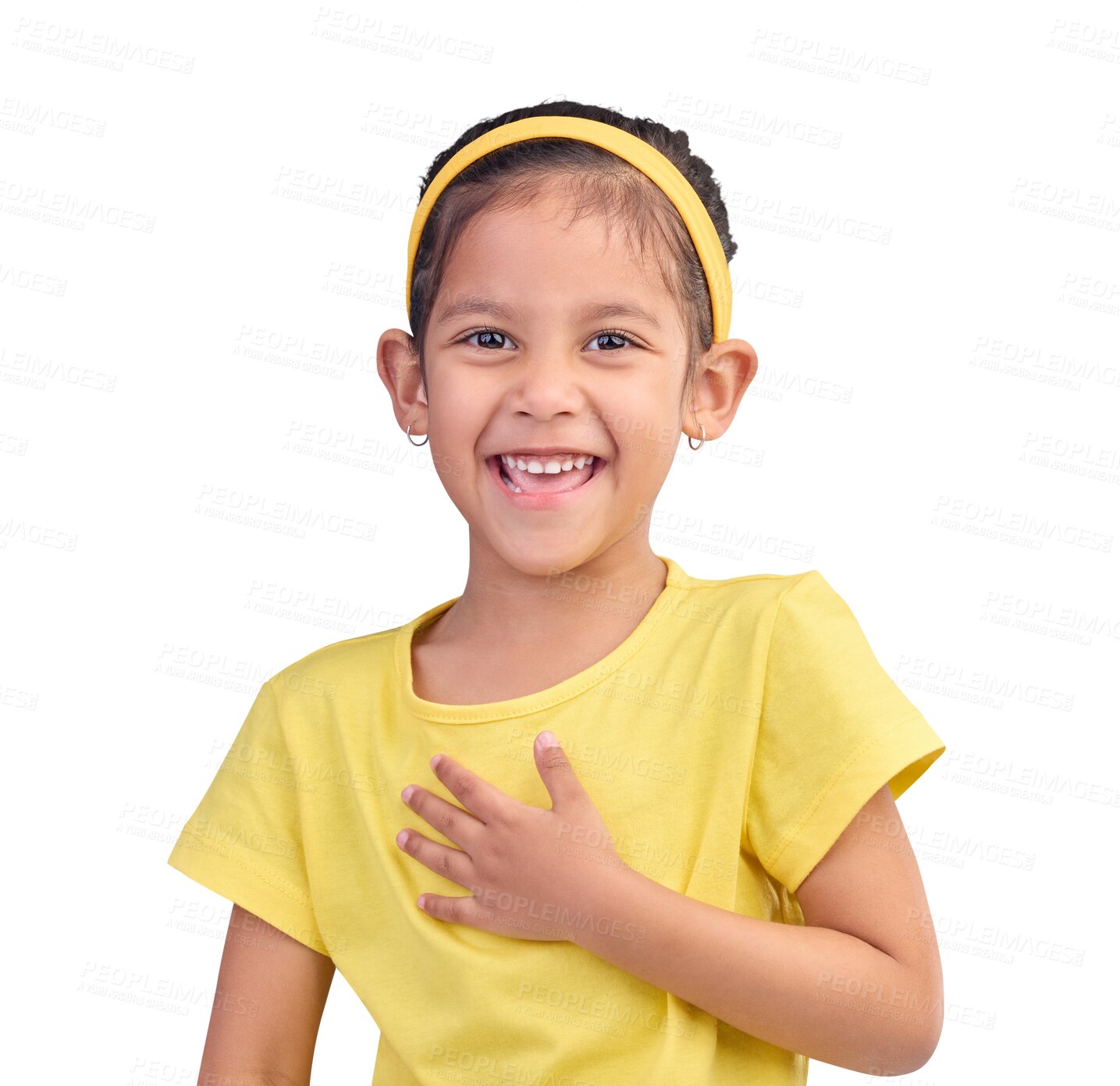 Buy stock photo Happy, laugh and portrait of a girl kid laughing at a funny, comedy and comic joke. Happiness, excited and child model with cute, adorable and trendy style isolated by transparent png background.