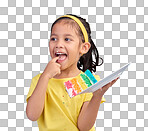 Happy, tasting and girl with cake, excited and cheerful against blue studio background. Young person, Latino female child and kid with dessert, happiness or cheerful with licking finger and celebrate