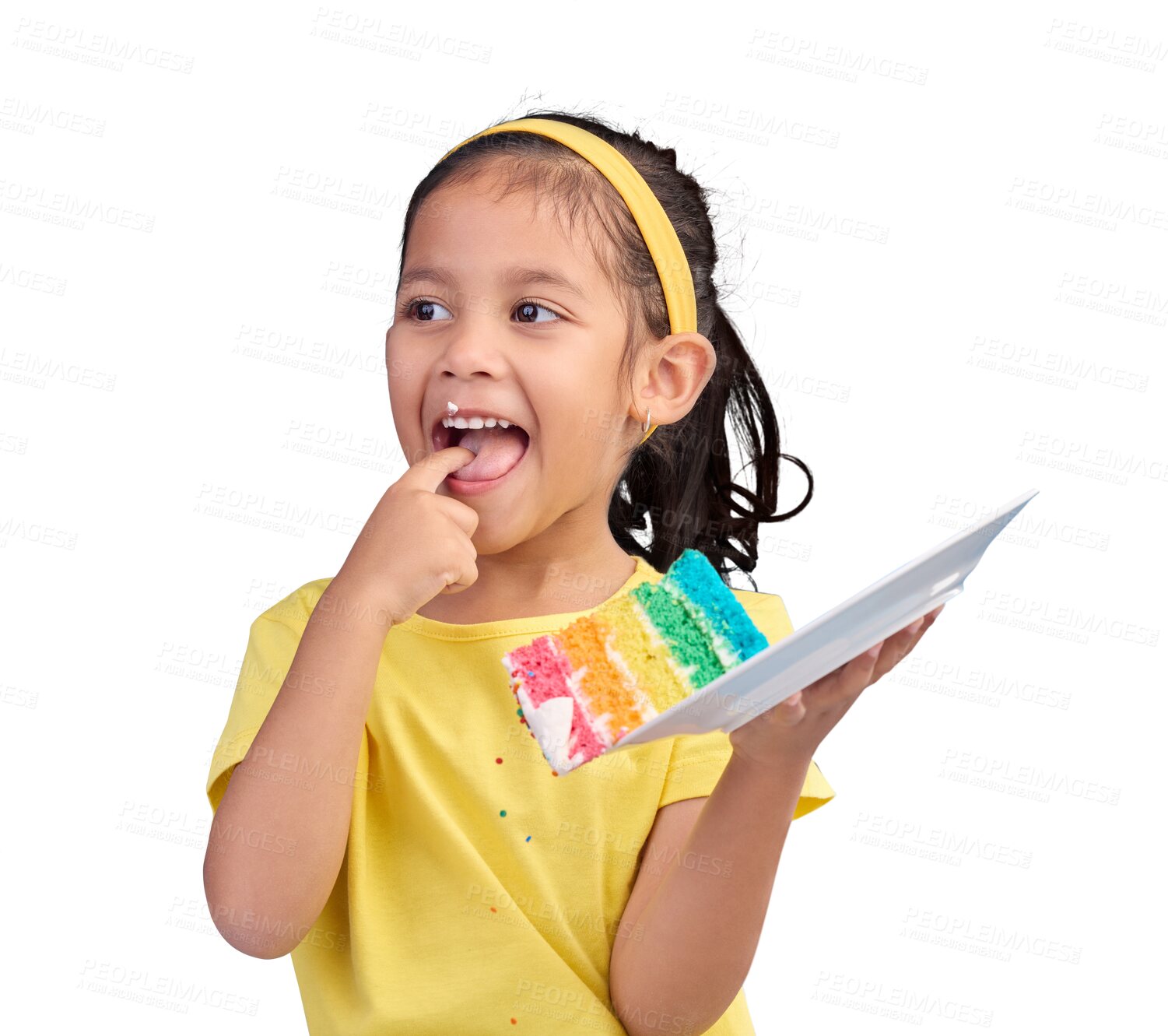 Buy stock photo Girl, kid and eating cake for dessert, birthday party and tasting rainbow food isolated on png transparent background. Young female child, bakery product on plate and sweet snack for celebration