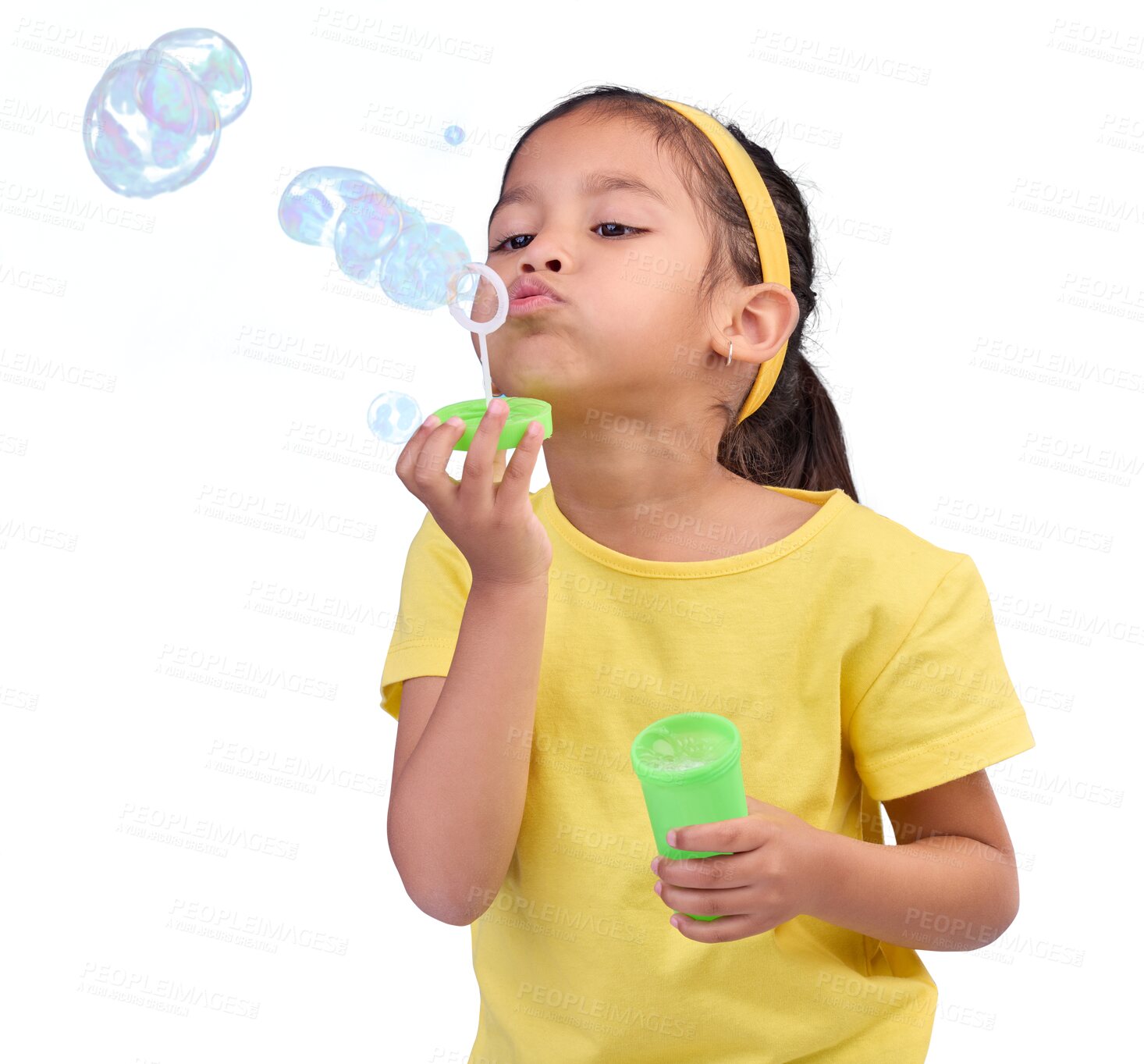 Buy stock photo Children, girl and blowing bubbles isolated on a transparent png background for fun and development of motor skills. Kids, game or soap toys and a cute or adorable young child playing with wand