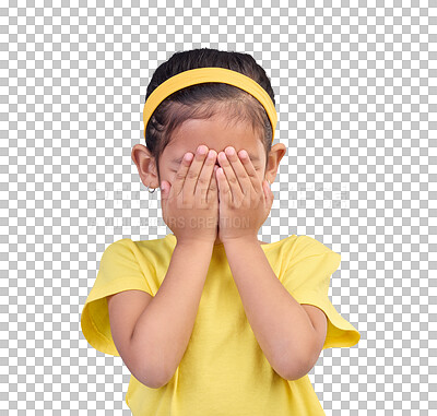 Cover eyes, hands on face and child on blue background for shy, mistake expression and sad in studio. Emotion reaction, childhood and young girl isolated for hide and seek, surprise and blind emoji
