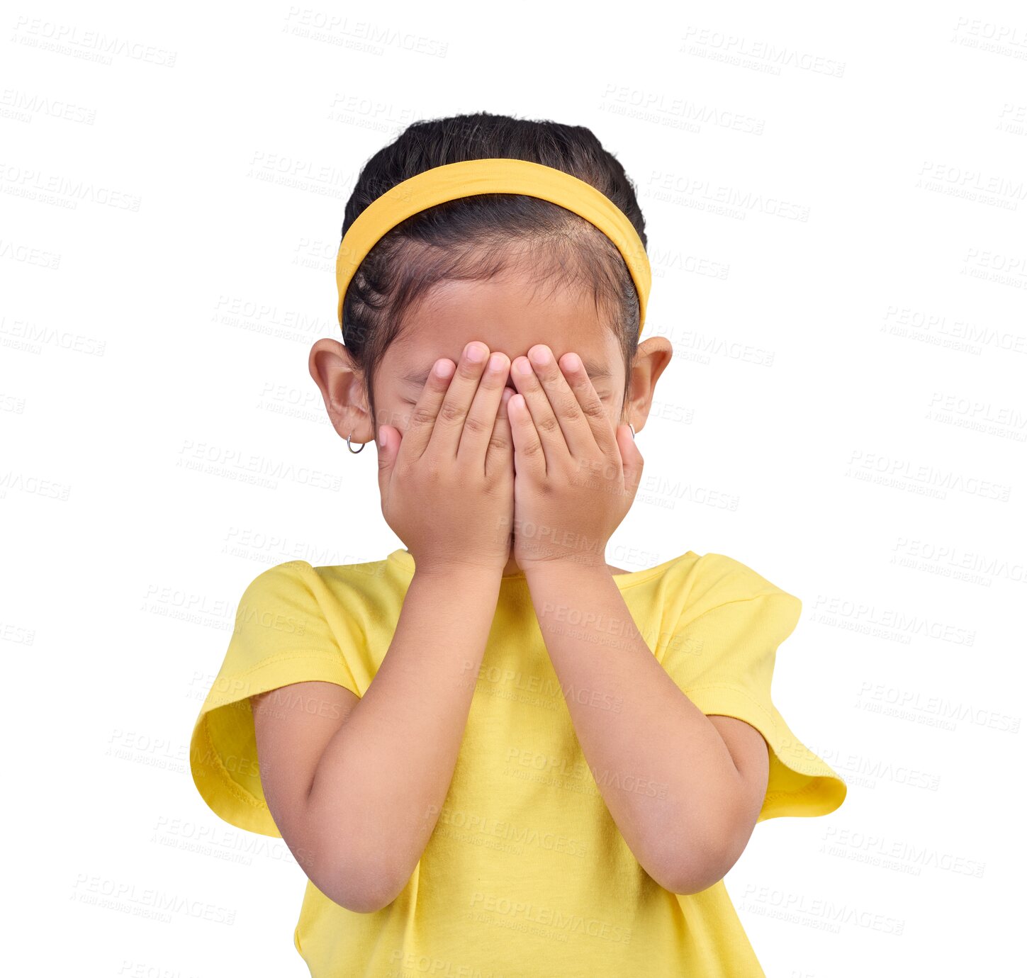 Buy stock photo Cover eyes, hands and face of child isolated on transparent png background for sad mistake, shy expression or anxiety. Emotion, reaction and girl kid playing hide and seek, surprise or peekaboo emoji