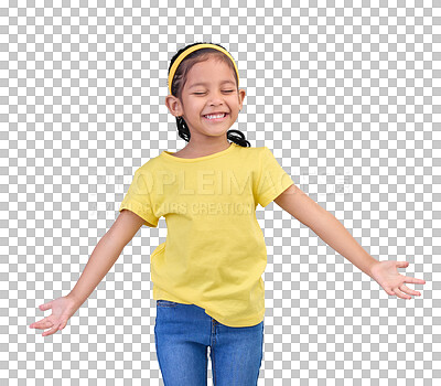 Buy stock photo Laughing, excited and a girl with a smile, celebration and playing in youth. Happy, female child or young kid with open arms, freedom and fashion kid clothes isolated on a transparent png background
