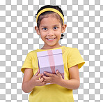 Gift, box and smile with portrait of girl in studio for celebration, shopping and birthday event. Happiness, surprise and present with child for party, giveaway or product isolated on blue background