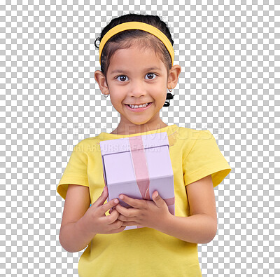 Buy stock photo Girl, kid and gift box in portrait, birthday and happiness with celebration isolated on png transparent background. Young female child with present, prize or reward with purple package and surprise