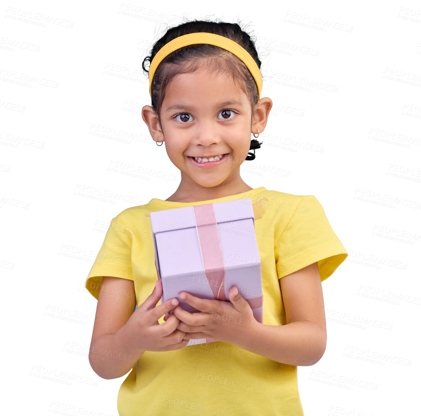 Buy stock photo Girl, kid and gift box in portrait, birthday and happiness with celebration isolated on png transparent background. Young female child with present, prize or reward with purple package and surprise