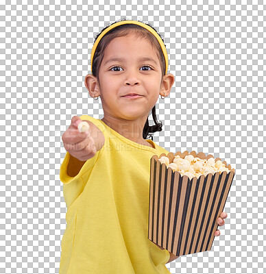 Popcorn, offer and smile with portrait of girl and giving snack to you for food, cinema and relax. Friendly, movie and film with child and snack for streaming, subscription and tv on blue background