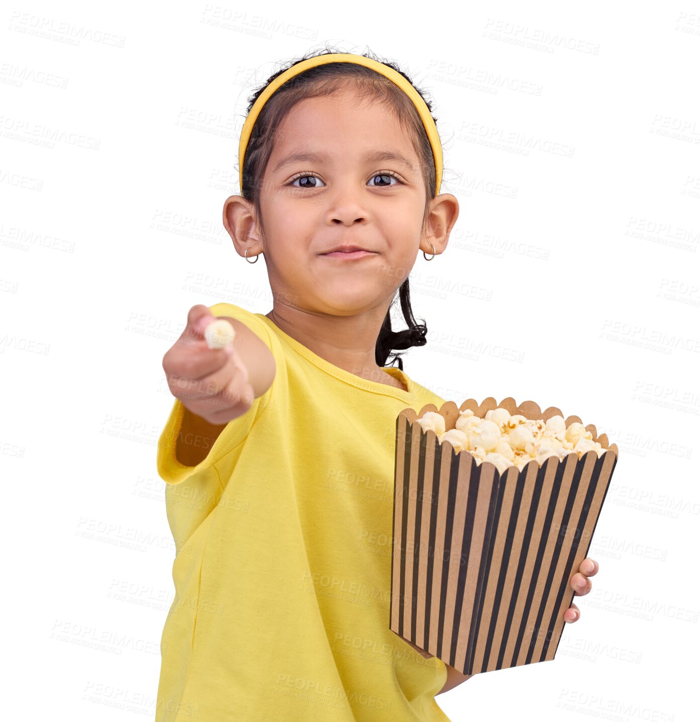 Buy stock photo Popcorn, happy portrait and girl child giving you food for cinema while isolated on a transparent png background. Young kid, eating and offer snacks for movie, film and streaming entertainment show 