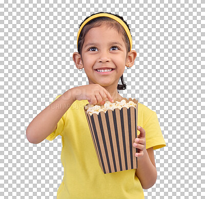 Popcorn, eating and watching movie with girl in studio for food, cinema and comedy. Laugh, television and film with child and snack for streaming, subscription and tv isolated on blue background