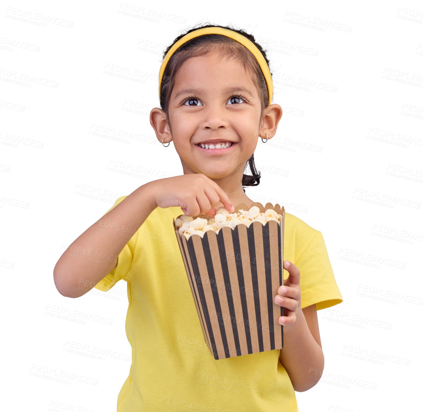Buy stock photo Popcorn, eating and watching movie with girl, smile and model isolated against a transparent background. Face, female child or happy kid with food, cinema and relax with a snack, movie theater or png
