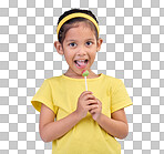 Young girl, portrait and lollipop with a student feeling happy with a smile and blue background. Isolated, cute and adorable child face with happiness, joy and cheerful from dessert and sweet