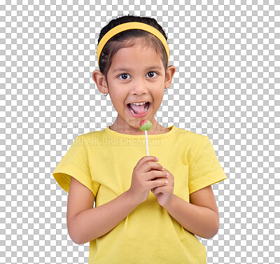 Buy stock photo Happy, lollipop and portrait of girl with candy for sweet treat, snack or dessert with joy. Happiness, smile and kid model with cute, adorable and trendy style isolated by transparent png background.