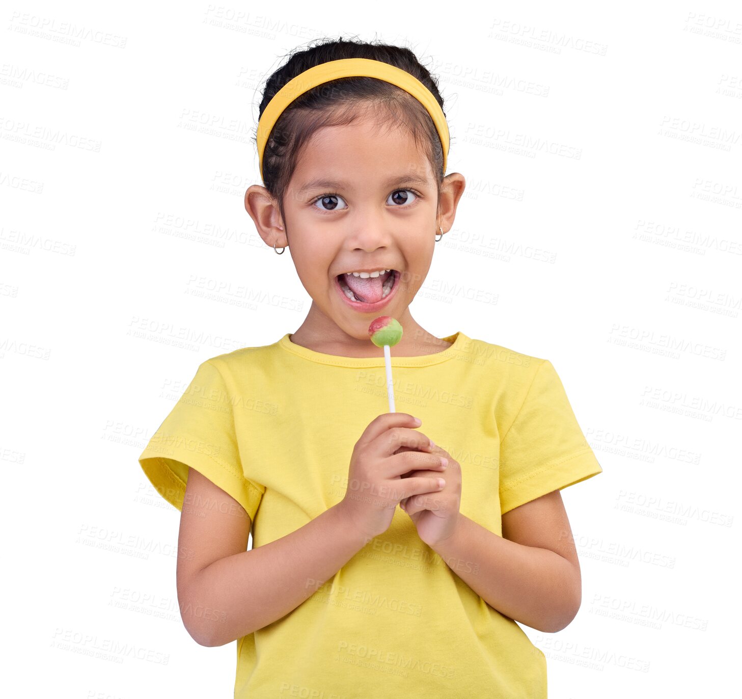 Buy stock photo Happy, lollipop and portrait of girl with candy for sweet treat, snack or dessert with joy. Happiness, smile and kid model with cute, adorable and trendy style isolated by transparent png background.