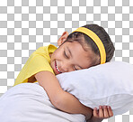 Young girl smile, pillow and sleep in a studio feeling tired, fatigue and ready for dreaming. Isolated, blue background and happy little child with pillows and closed eyes for sleeping, rest and nap 