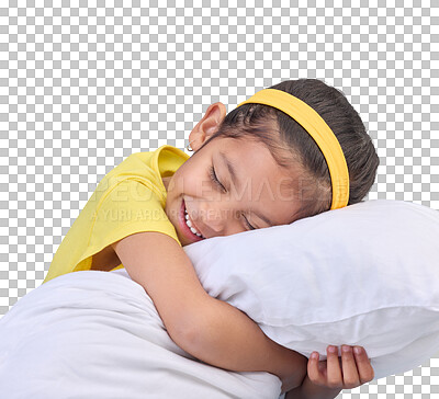Young girl smile, pillow and sleep in a studio feeling tired, fatigue and ready for dreaming. Isolated, blue background and happy little child with pillows and closed eyes for sleeping, rest and nap