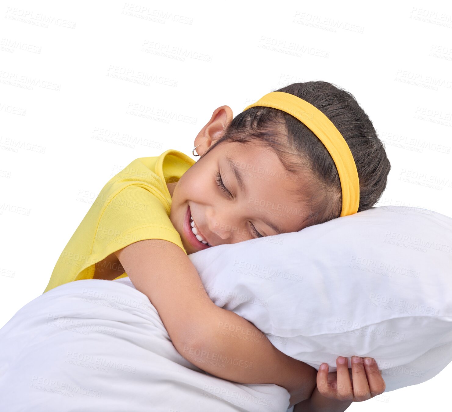 Buy stock photo Girl, kid and hug pillow with sleep, dream with happiness and cuddle isolated on png transparent background. Young female child, smile and comfort, nap and relax with person feeling tired and rest