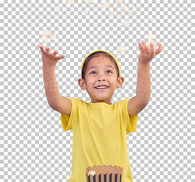 Food, happy and child throw popcorn on blue background for entertainment, movies and cinema mockup. Comic, smile and excited young girl with sweet snack in studio for party, celebration and eating