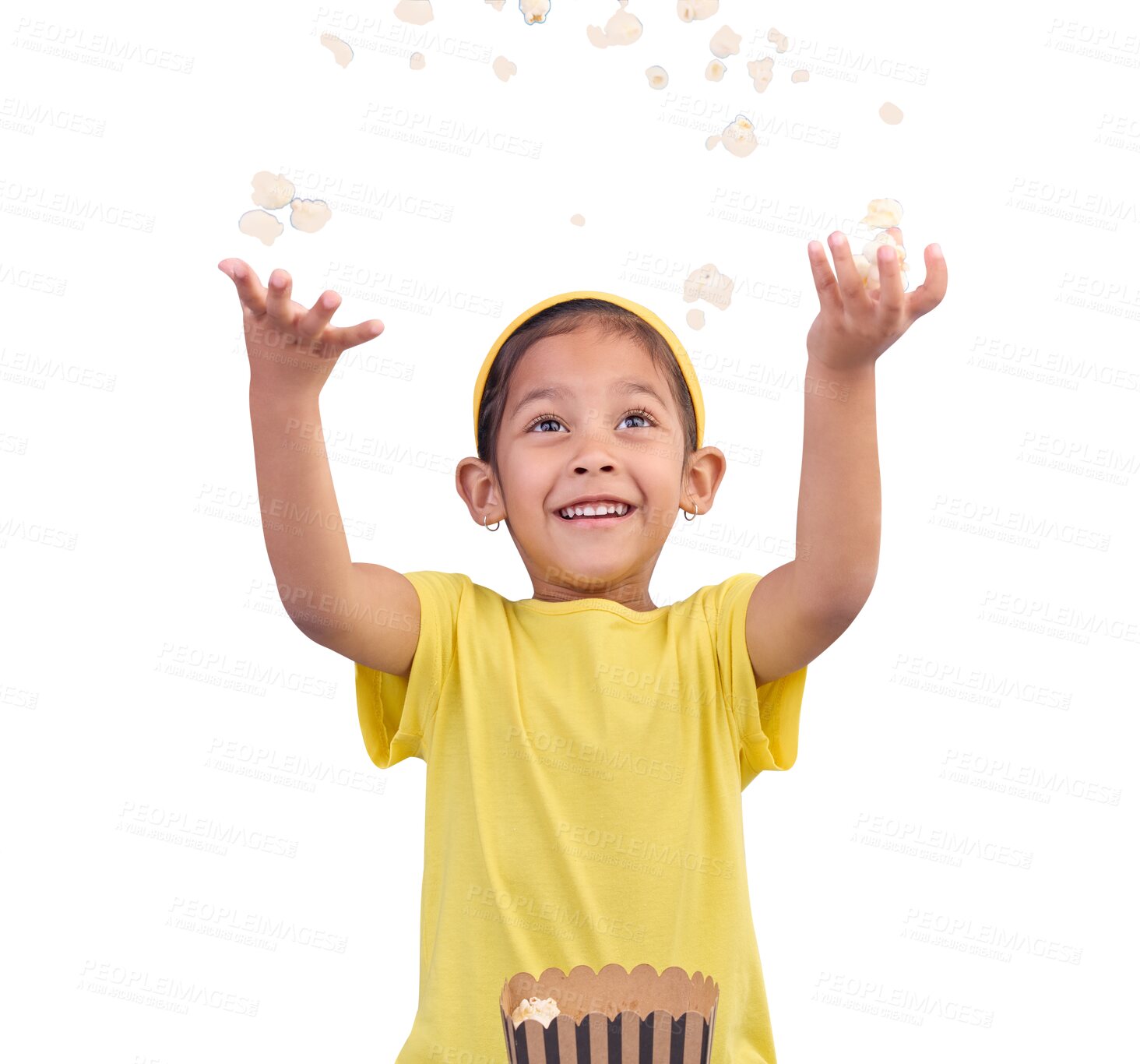 Buy stock photo Excited, happy and a child throwing popcorn for entertainment, movies and cinema. Crazy, smile and a young girl with food or eating at a party isolated on a transparent png background for celebration