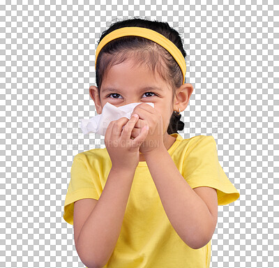 Sick, blowing nose and napkin with girl in studio for allergies, illness and sneezing. Hay fever, bacteria and sinus issue with child and tissue isolated on blue background for health, medical or flu