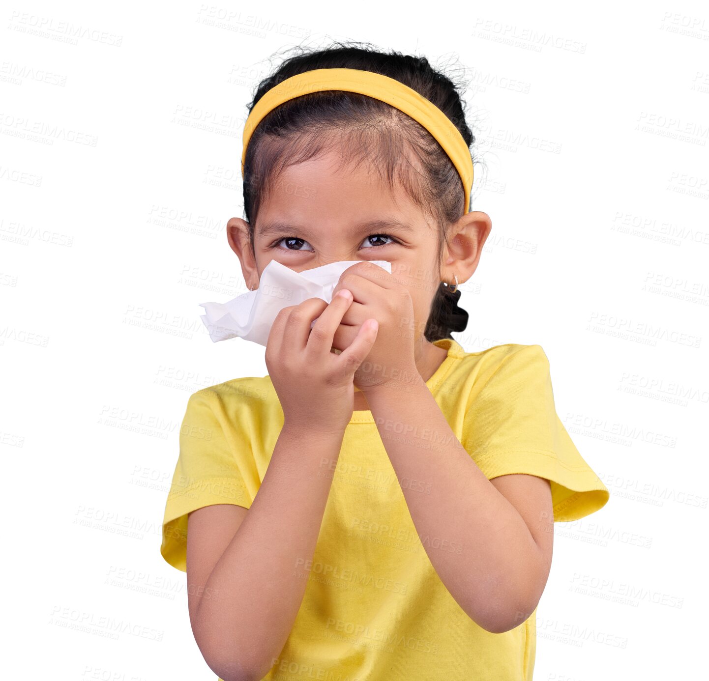 Buy stock photo Girl kid, tissue and blow nose for cold, allergies and risk of medical virus isolated on a transparent png background. Face, sick child and sneezing for health allergy, sinusitis infection or disease