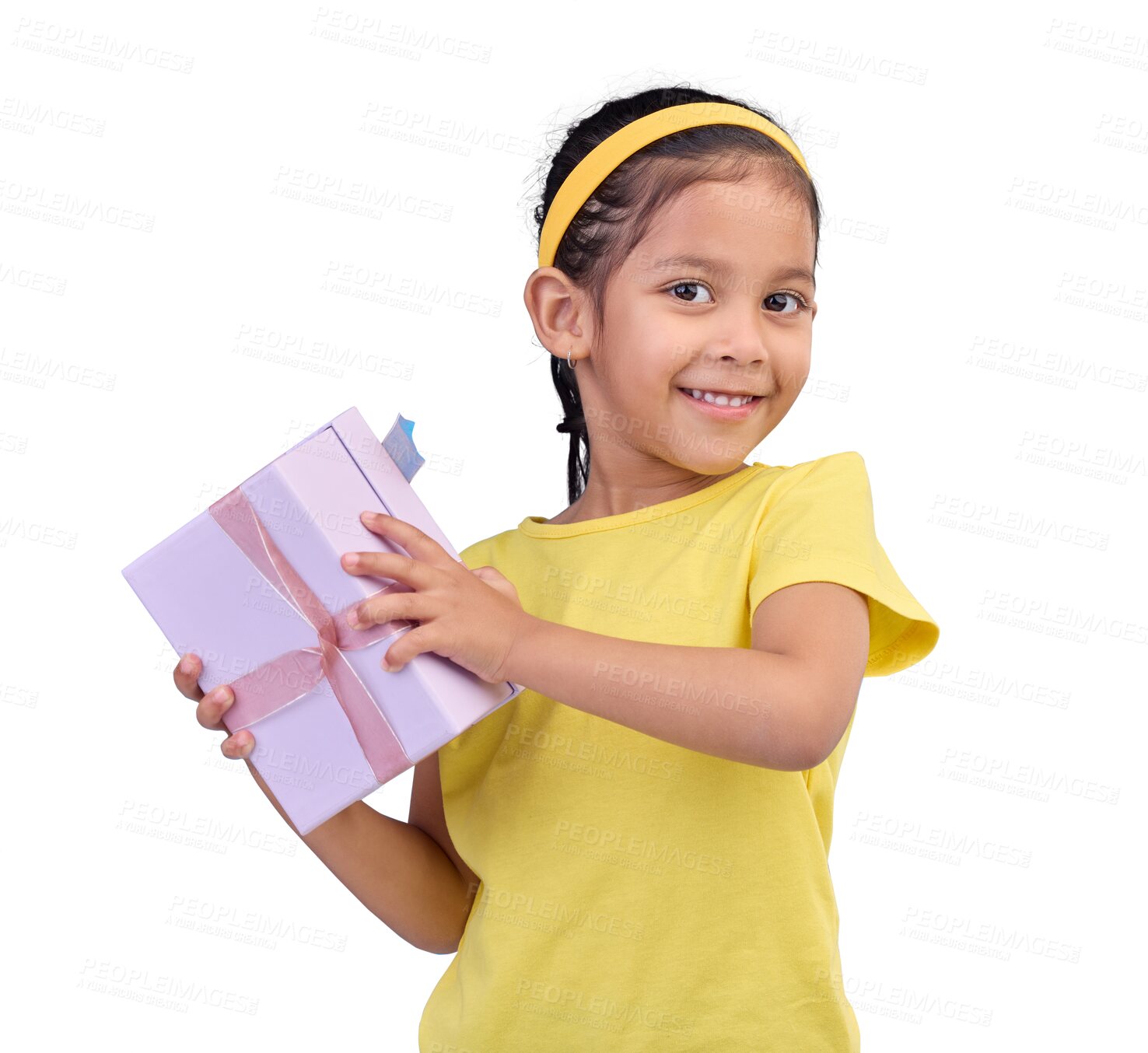 Buy stock photo Gift, box and smile with portrait a child to celebrate birthday or shopping. Happiness, surprise and a happy kid with a present for party, giveaway or product isolated on transparent, png background