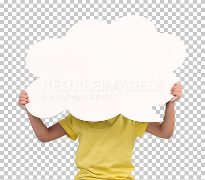 Speech bubble space, thinking and child with idea, opinion and news announcement on blue background studio. Talking, speaking mockup and kid with board, poster and cardboard banner for information