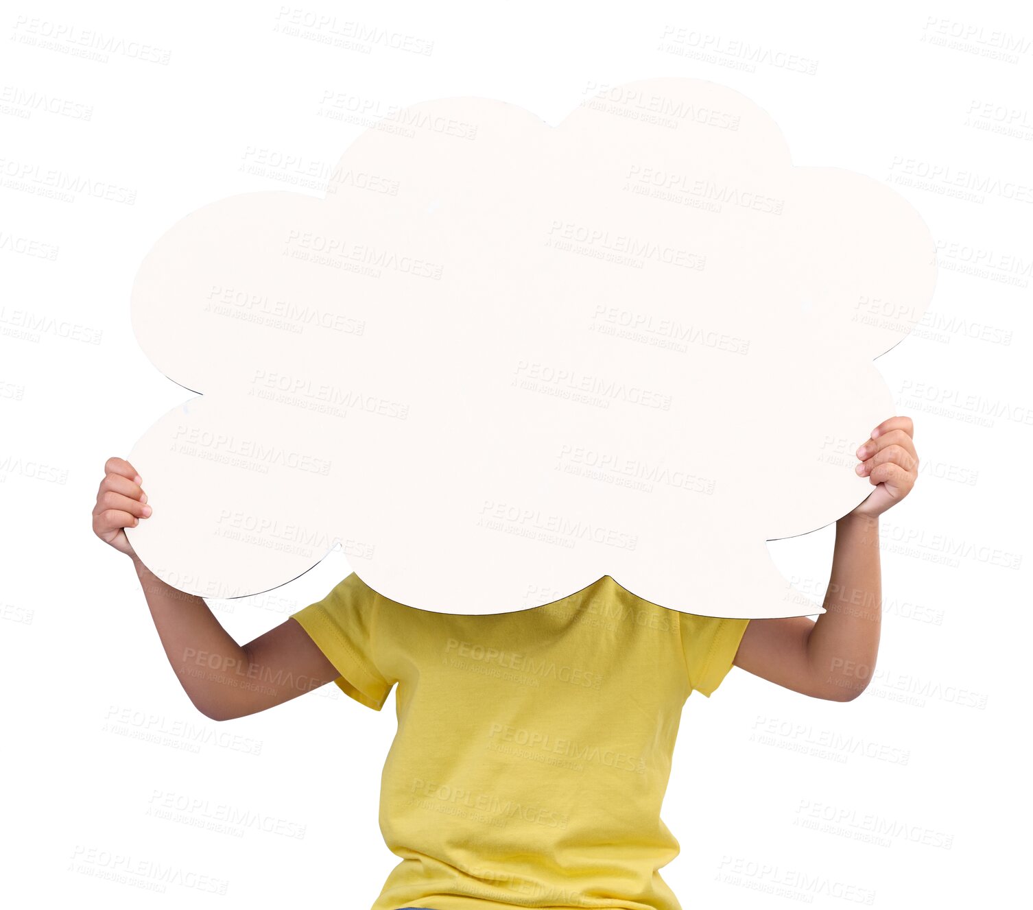 Buy stock photo Speech bubble, space and information with a child isolated on a transparent background for opinion or a news announcement. Social media, mockup and kid with a blank poster for marketing on PNG