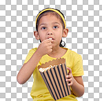 Popcorn, eating and focus with girl in studio for food, cinema and relax. Television, movie and film with child and snack for streaming service, subscription and tv isolated on blue background