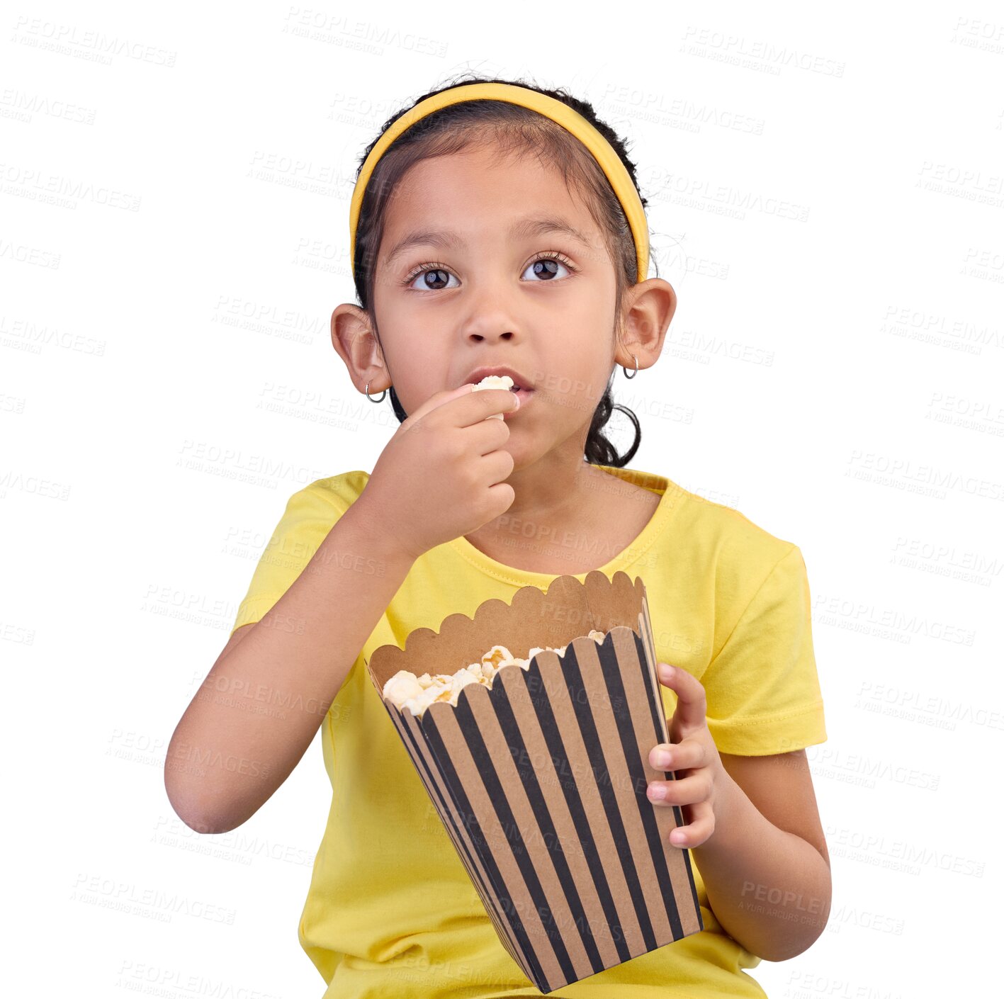 Buy stock photo Popcorn, eating and little girl watching with food in cinema and relax isolated on a transparent PNG background. Television, movie and film with child and snack for streaming, subscription and tv