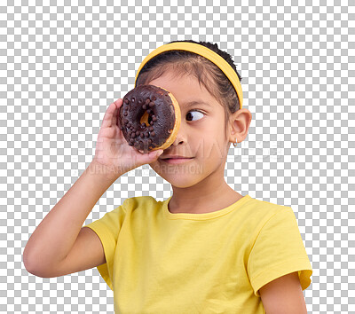 Donut, eye and cover of girl in studio for junk food, sugar and happiness. Snack, cake and cute with face of young child and dessert for cute, positive and chocolate isolated on blue background