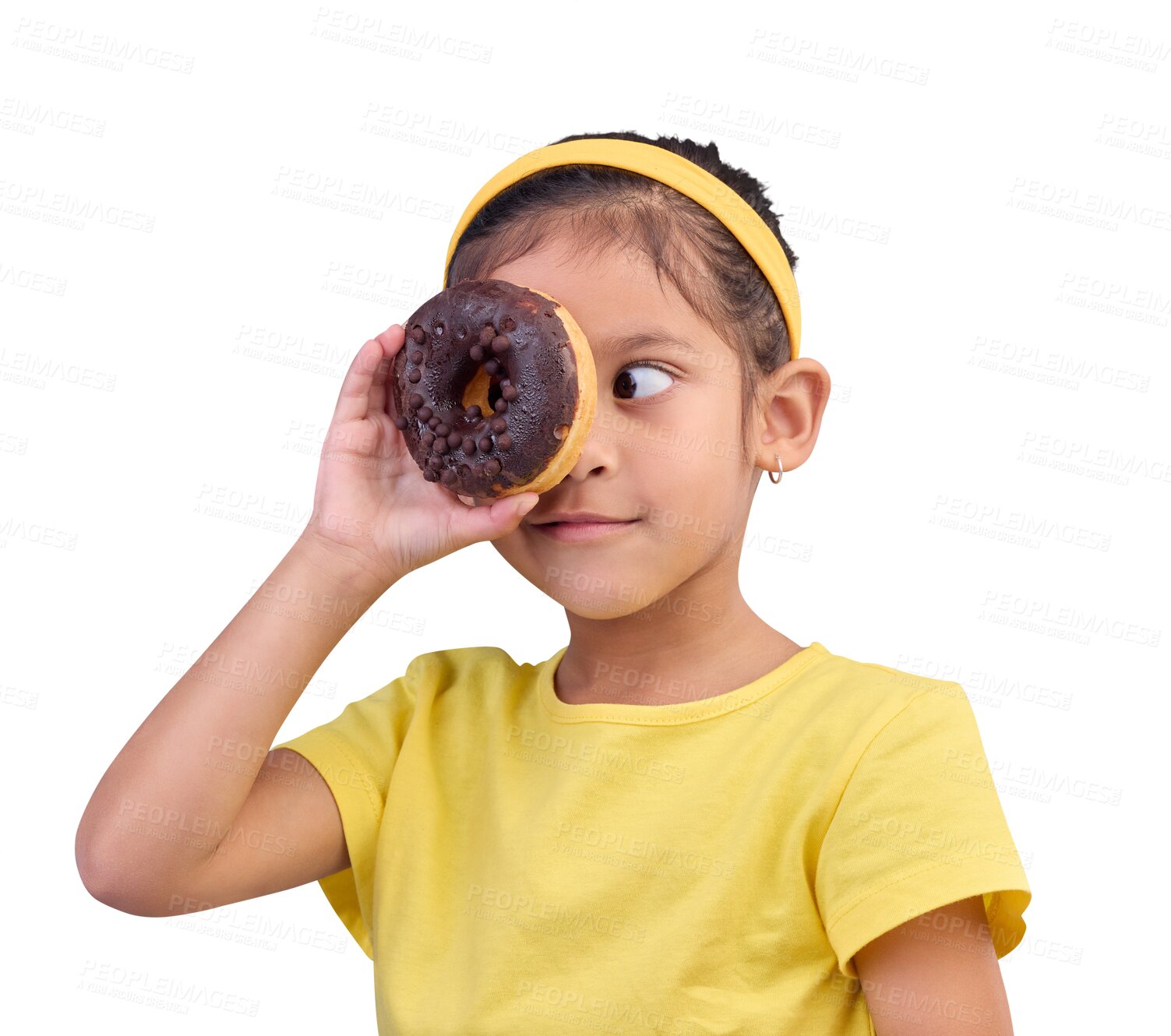 Buy stock photo Donut, eye and cover of little girl with junk food, sugar and looking hungry isolated on a transparent PNG background. Snack, cake and cute face of young child with dessert for eating sweet chocolate