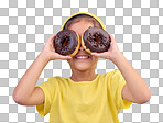 Donut, eyes and covering face of playful cute girl with food isolated against a studio blue background with a smile. Adorable, happy and young child or kid excited for sweet sugar doughnuts