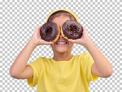 Donut, eyes and covering face of playful cute girl with food isolated against a studio blue background with a smile. Adorable, happy and young child or kid excited for sweet sugar doughnuts