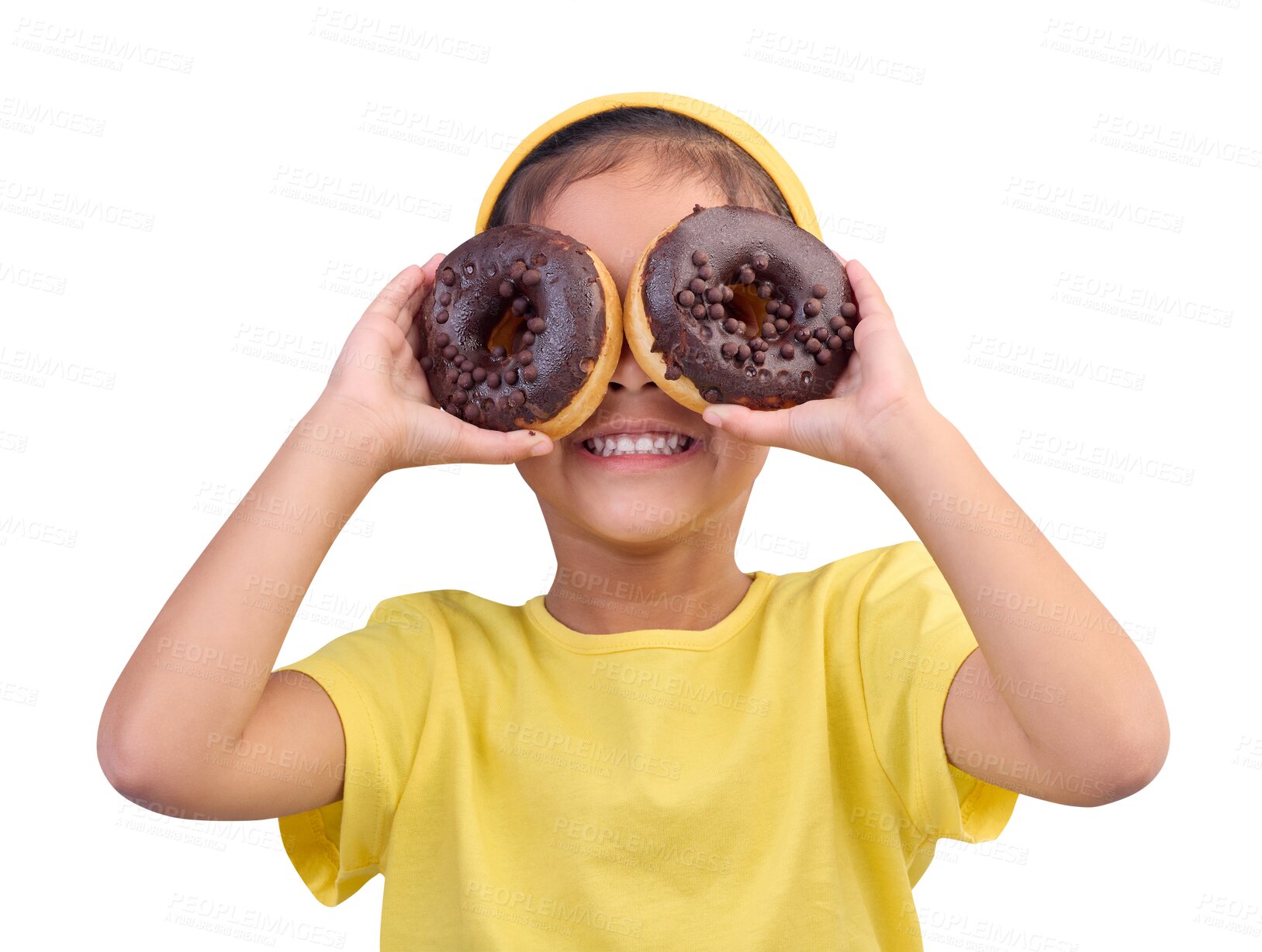 Buy stock photo Donut, eyes and covering face of playful cute girl with food isolated on a transparent PNG background. Adorable, happy and young child or kid excited with smile for sweet donuts or chocolate dessert