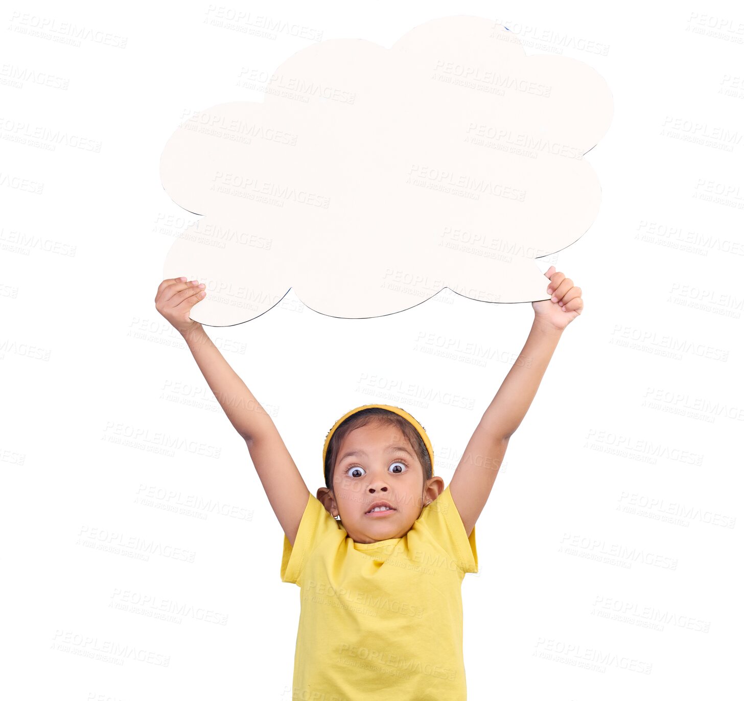 Buy stock photo Wow, girl and kid with speech bubble, voice and shock, opinion and quote isolated on png transparent background. Young female child with big eyes, mockup space and surprise feedback with social media