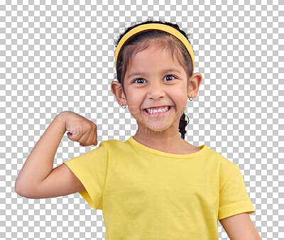 Buy stock photo Strong, happy and portrait of a child with muscle isolated on a transparent png background. Excited, smile and a girl kid showing biceps, arms and power from exercise with confidence and motivation