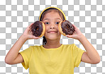 Donut, happy and smile with portrait of girl in studio for junk food, sugar and happiness. Snack, cake and cute with face of child and dessert for cute, positive and chocolate on blue background