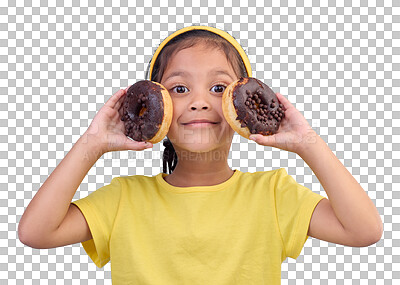 Donut, happy and smile with portrait of girl in studio for junk food, sugar and happiness. Snack, cake and cute with face of child and dessert for cute, positive and chocolate on blue background