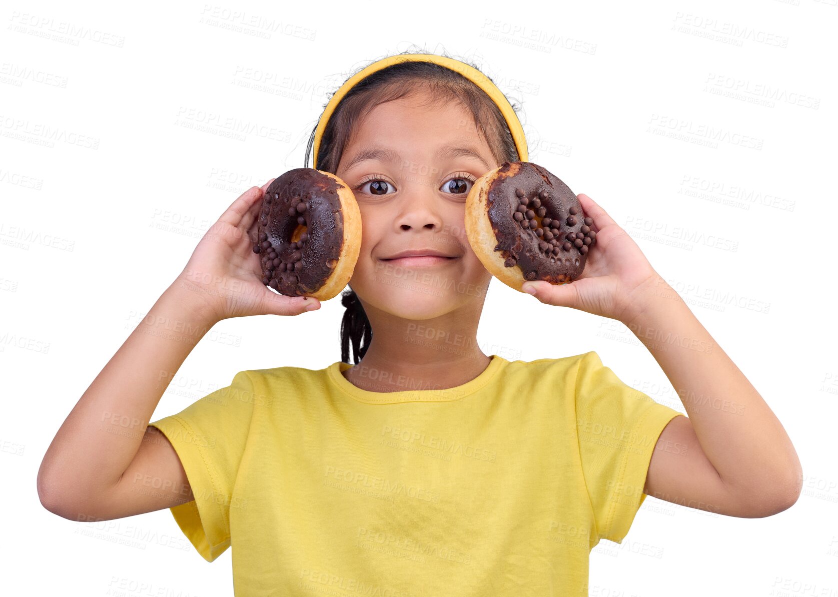 Buy stock photo Donut, happy and smile with portrait of girl for junk food, sugar and happiness isolated on a transparent PNG background. Snack, cake and cute face of child and dessert for eating, diet and chocolate