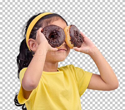 Doughnuts, eyes and face of playful child with food isolated against a studio blue background with a smile. Adorable, happy and cute young girl or kid excited for sweet sugar donut calories
