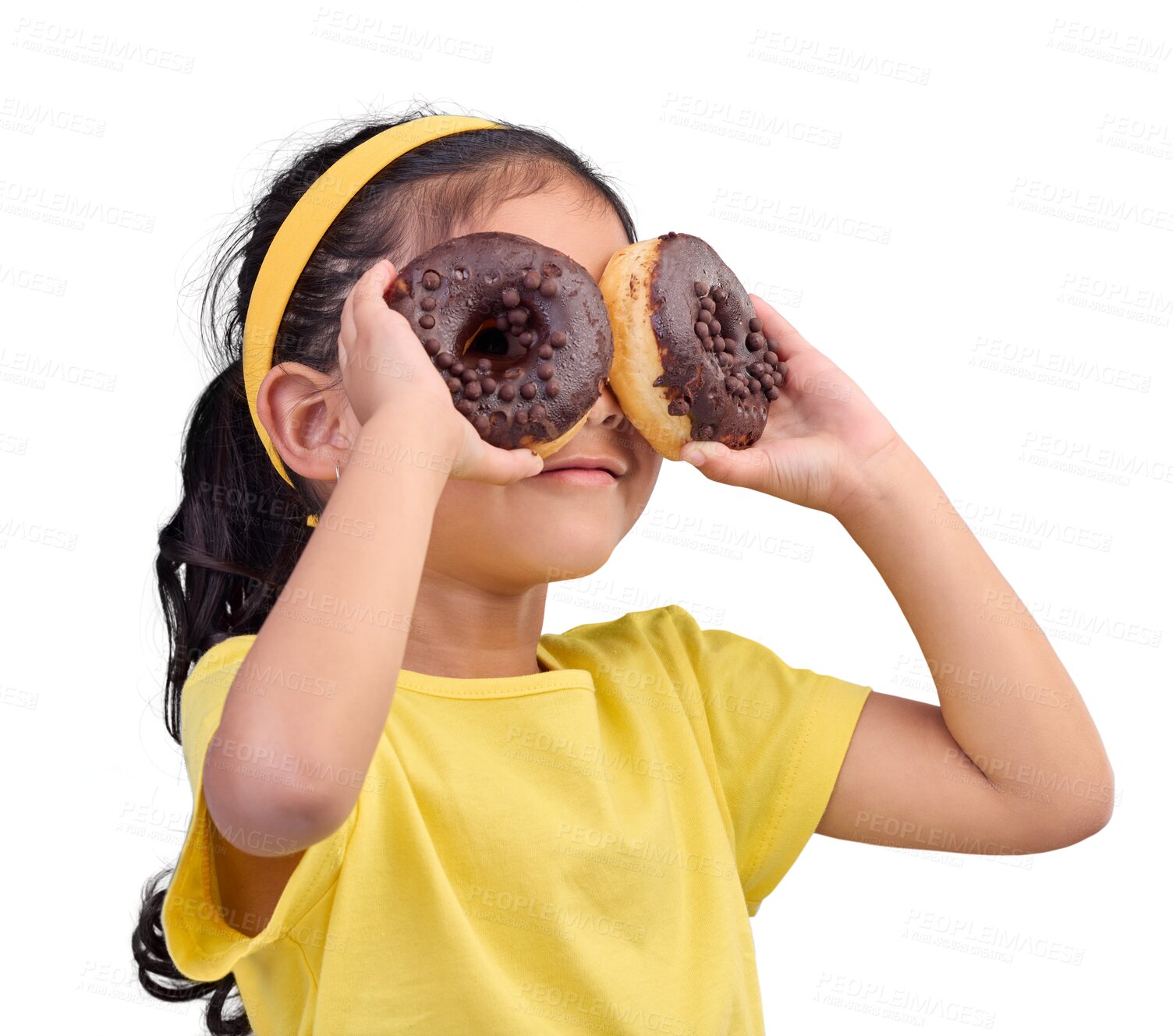 Buy stock photo Donut, eyes and face of playful child with food isolated on a transparent PNG background. Adorable, happy and cute young girl or kid excited for sweet sugar donuts calories and chocolate dessert