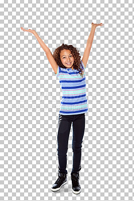 Buy stock photo Excited, child and girl with arms raised in celebration, motivation or winner in victory on transparent, isolated or png background. Success, achievement or portrait of happiness and kid winning