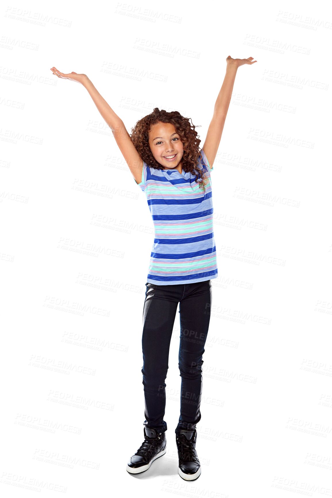 Buy stock photo Excited, child and girl with arms raised in celebration, motivation or winner in victory on transparent, isolated or png background. Success, achievement or portrait of happiness and kid winning