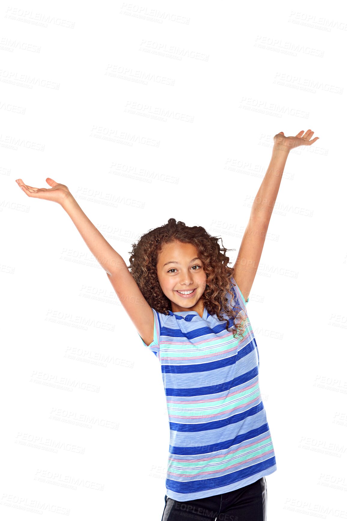 Buy stock photo Child, excited and portrait with arms raised in celebration, motivation or winner in victory on transparent, isolated or png background. Success, achievement or girl with happiness and kid winning